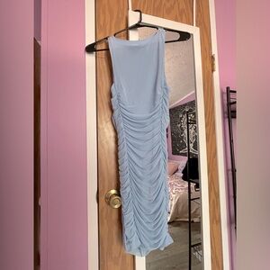 Baby blue high neck ruched mini dress